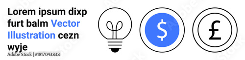 Finance, innovation, creativity, monetary concepts, brainstorming, business solutions. A lightbulb with dollar and pound symbols alongside text. Finance and innovation illustrated concept