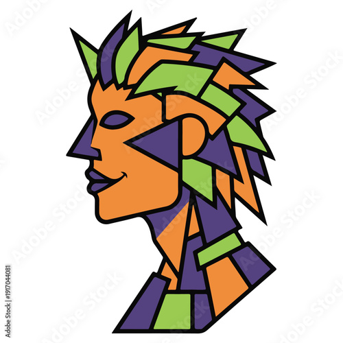Abstract Geometric Face Illustration in Cubist Style with Bold Colors