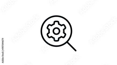 Simple line icon of magnifying glass with gear inside symbolizing search and settings.
