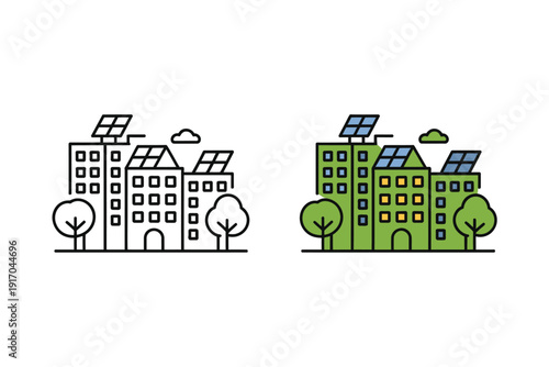 Row of apartment buildings with solar panels on roofs alongside green.