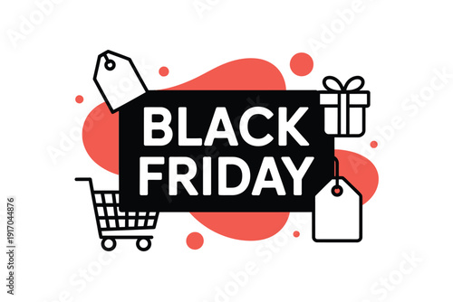 Black Friday sale graphic features shopping cart, gift box, and price tags.