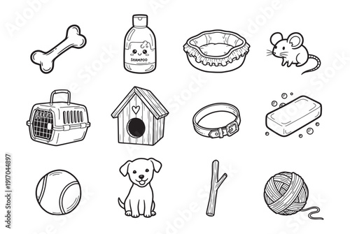 cute pet care doodle icons set in hand drawn cartoon style vector illustration, Cute cat and dog accessories symbols icon set in black and white doodle style vector illustration