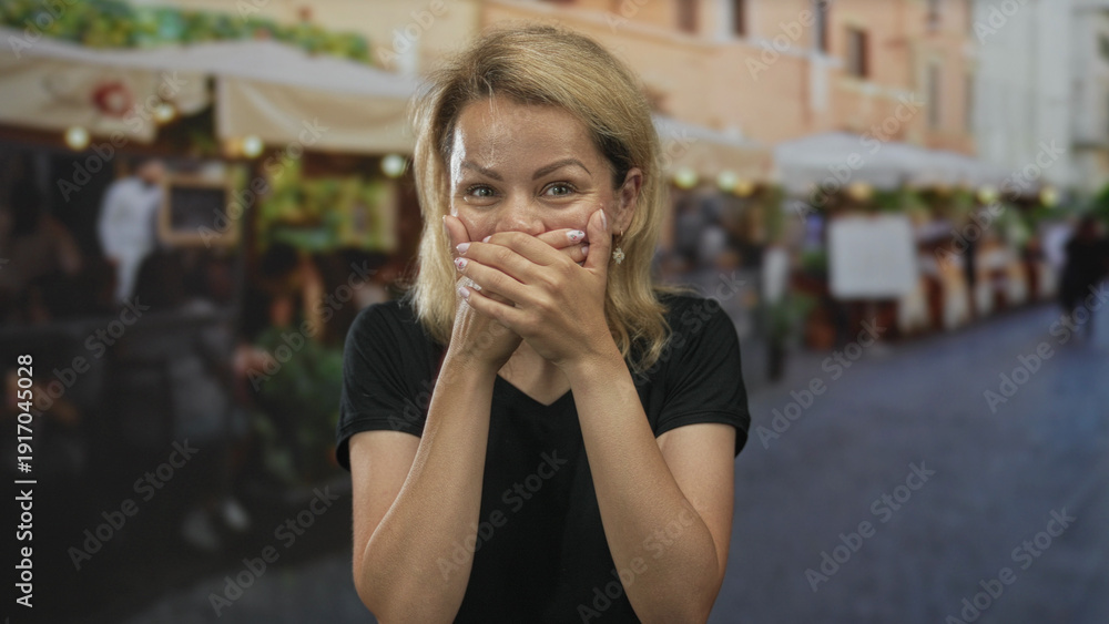 Fototapeta premium Blonde woman wearing black top covers mouth with both hands on street cafe terrace lined with tables and chairs; surprise reaction.