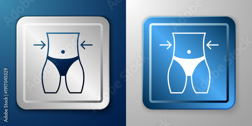White Women waist icon isolated on blue and grey background. Silver and blue square button. Vector