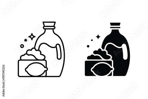 Cleaning product icons show a bottle, lemon, and suds in outline and solid.
