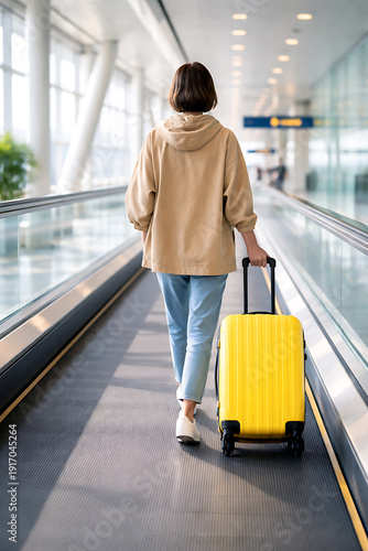 A traveler, viewed from behind, walks along a sleek airport moving walkway