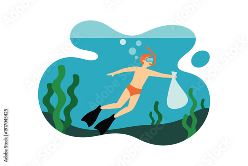 Snorkeler collects plastic waste in a bag underwater near tall green.