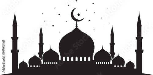 Islamic Mosque Silhouette with Crescent Moon and Stars for Ramadan Kareem Background