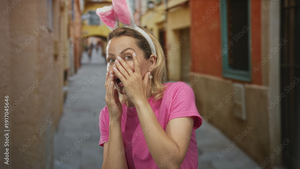 Fototapeta premium Woman wearing pink shirt and bunny ears headband covers face with hands on old town street; embarrassment.