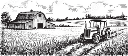 Rural landscape with barn, tractor, and wheat field in monochrome style