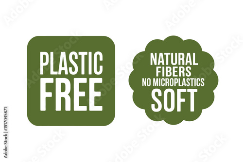 Two green badge seals communicate sustainable packaging with plastic free.