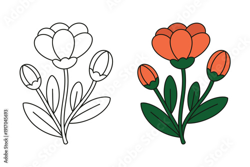 Coloring page design shows an orange flower bloom with two closed buds.