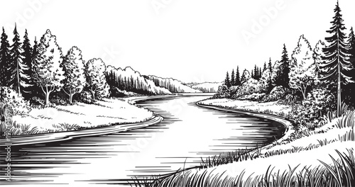 Black and white sketch of a river flowing through a forest.