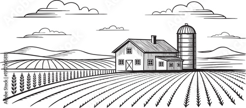 Black and white illustration of a farm with fields and a silo.