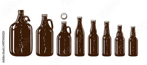 Glass growlers and bottles for beer.
