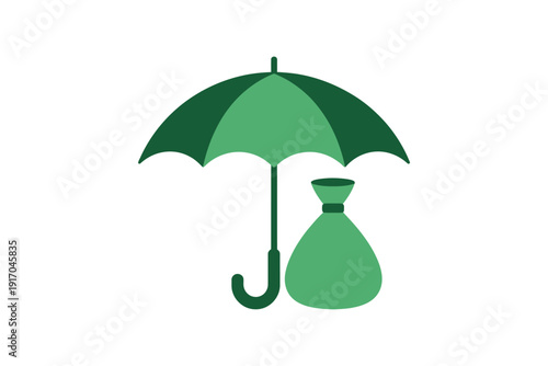 Green umbrella provides financial protection over a small money bag icon.