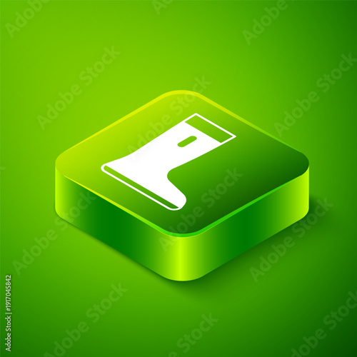 Isometric Waterproof rubber boot icon isolated on green background. Gumboots for rainy weather, fishing, gardening. Green square button. Vector