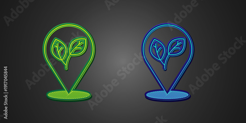 Green and blue Location pin with leaf inside icon isolated on black background. Leaves sign. Fresh natural product symbol. Vector