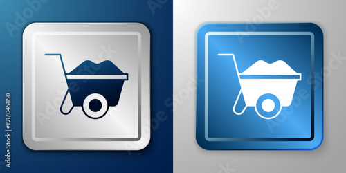 White Wheelbarrow icon isolated on blue and grey background. Tool equipment. Agriculture cart wheel farm. Silver and blue square button. Vector