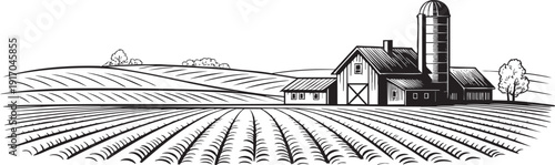 Monochrome vintage farm with fields, barn, and silo vector illustration.