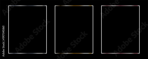 Gold and silver thin frame set. Shiny metal foil border collection. Golden glowing geometric boarder bundle in art deco style. Linear rectangular element pack for photo, cadre, card, emblem. Vector
