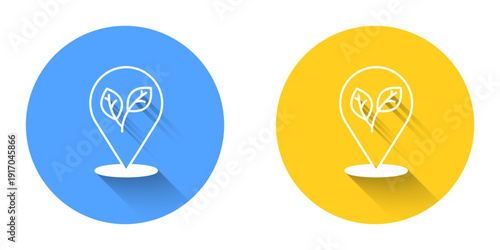 White Location pin with leaf inside icon isolated with long shadow background. Leaves sign. Fresh natural product symbol. Circle button. Vector