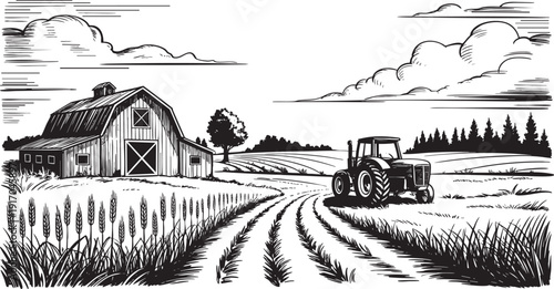 Black and white illustration of a rural farm with tractor and barn.