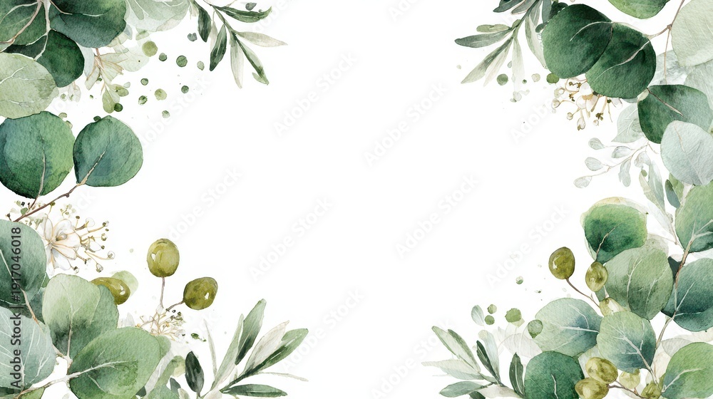 Fototapeta premium Hand-painted watercolor border design featuring lush greenery and soft floral accents