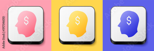 Isometric Lucky player icon isolated on pink, yellow and blue background. Square button. Vector