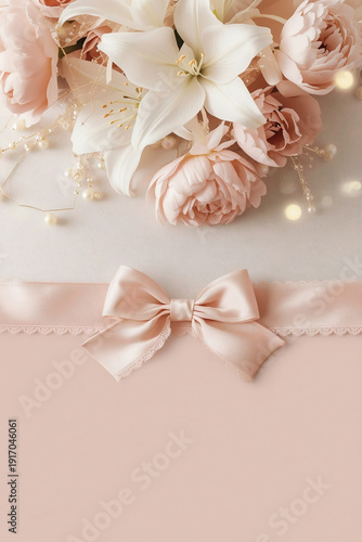 Elegant pastel floral background with white lily and blush peony bouquet, satin ribbon bow and soft romantic light, delicate luxury greeting card design