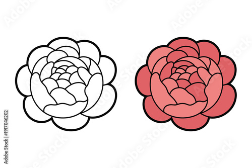 Two stylized camellia flower icons display outline and filled color.