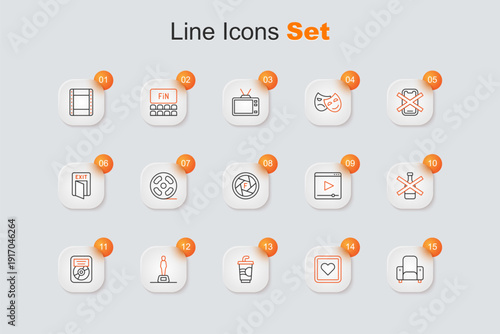 Set line Cinema chair, Like heart, Paper glass with water, Movie trophy, CD disk award frame, No alcohol, Online play video and Camera shutter icon. Vector