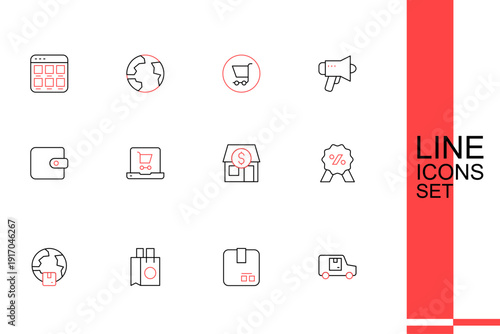 Set line Delivery cargo truck, Carton cardboard box, Paper shopping bag, Worldwide shipping, Discount percent tag, Market store, Shopping cart screen laptop and Wallet icon. Vector