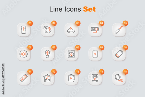 Set line Global energy planet with plug, Electrical panel, kettle, Smart home, extension, Battery charge, Mobile phone and Washer icon. Vector