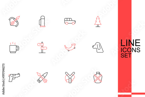 Set line Canteen water bottle, Slingshot, Crossed bullet with arrow, Pistol or gun, Hunting dog, horn, Road traffic sign and Coffee cup icon. Vector