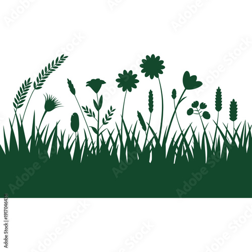 A green silhouette of grass and wildflowers on a white background