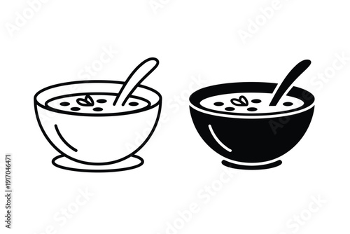 Two simple icons represent a bowl of hot food with a spoon in outline.