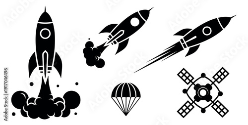 Space exploration icon set featuring rockets, a satellite, and a parachute for startup and technology concepts