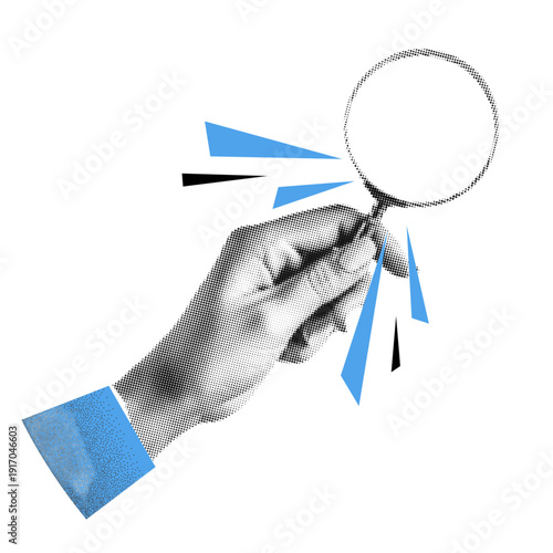 A halftone hand holds a magnifying glass with dynamic blue accents, conveying investigation and discovery
