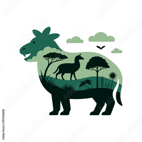 A whimsical illustration of a dinosaur in a natural landscape with trees and animals