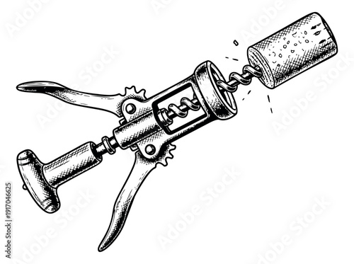 Hand drawn line art illustration of a corkscrew depicting a wine cork being pulled for wine and bar concepts