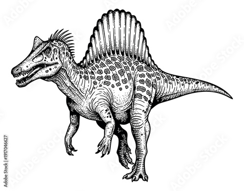 Hand drawn line art illustration of a Spinosaurus dinosaur depicting a prehistoric carnivorous creature for educational content