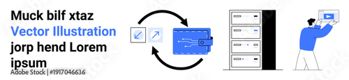 Digital wallet, server stack, and user transferring file using a screen. Ideal for technology, finance, data exchange, cloud storage, digital security, fintech simple landing page