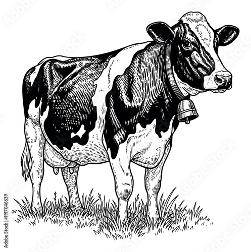 Hand drawn line art illustration of a dairy cow depicting standing in grass wearing a bell for farm and agricultural themes