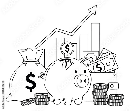 Line art financial icons set featuring a piggy bank, cash, and an upward graph for savings and investment