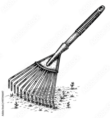 Hand drawn line art illustration of a garden rake depicting it raking grass for gardening activities