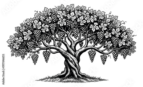 Hand drawn line art illustration of a grapevine depicting abundant ripe grapes for vintage wine branding