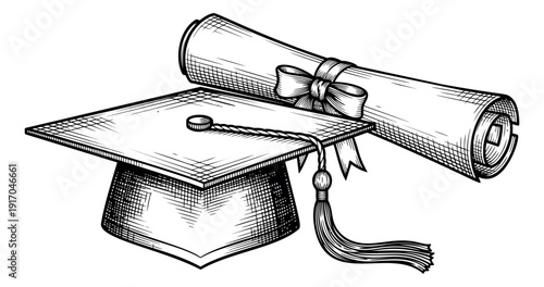 Hand drawn line art illustration of a graduation cap and diploma depicting academic success for university ceremonies