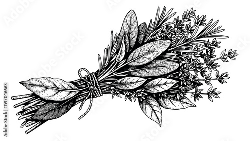 Hand drawn line art illustration of a culinary herbs bouquet depicting a tied bundle of fresh spices for cooking and seasoning