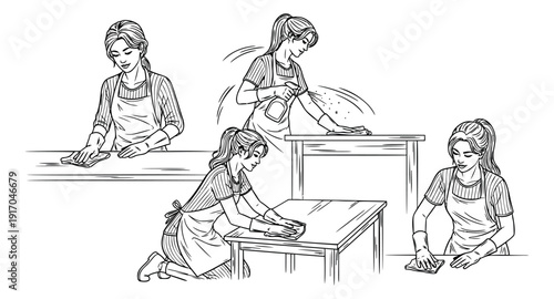 Hand drawn line art cleaning woman set featuring a woman wiping and spraying surfaces for domestic chores